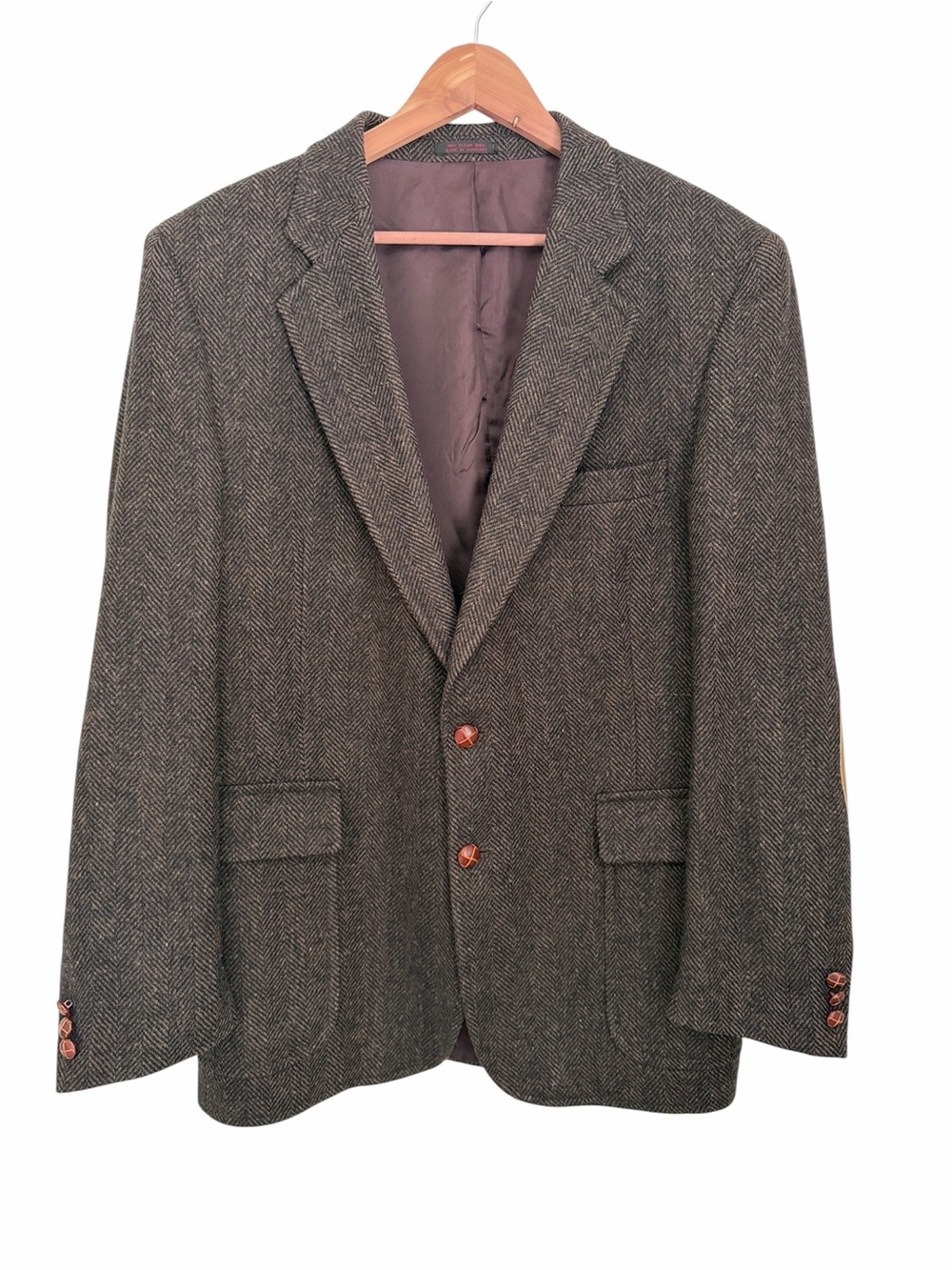 VTG Alexander Shields Wool Tweed Blazer Herringbone Elbow Patch Academia Brown